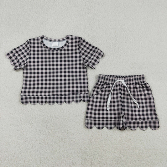 RTS NO MOQ GSSO3182 Baby Girls Black Checked Scallop Top And Shorts Set Short Sleeve Clothing Outfit for Little Girls
