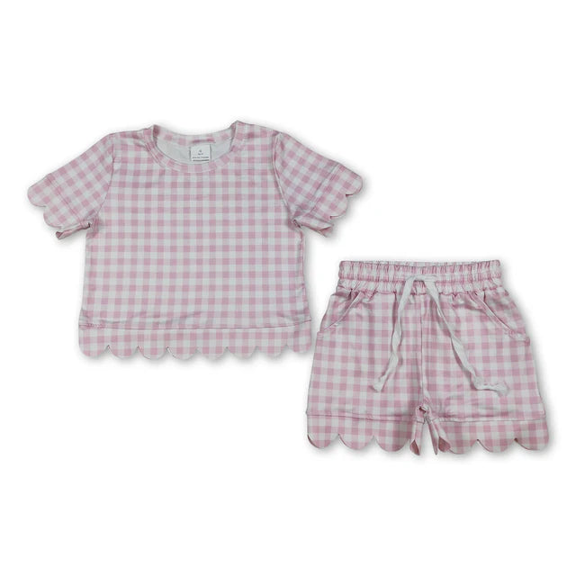 RTS NO MOQ Sibling milk silk Sibling Baby Girls Colorful Checked Scallop Shirts Top Pockets Short Pajamas Clothes Sets