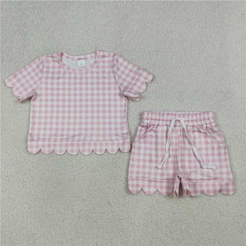 RTS NO MOQ Sibling Baby Girls Colorful Checked Shirt Top Scallop Short with Pockets Set Cute Clothes