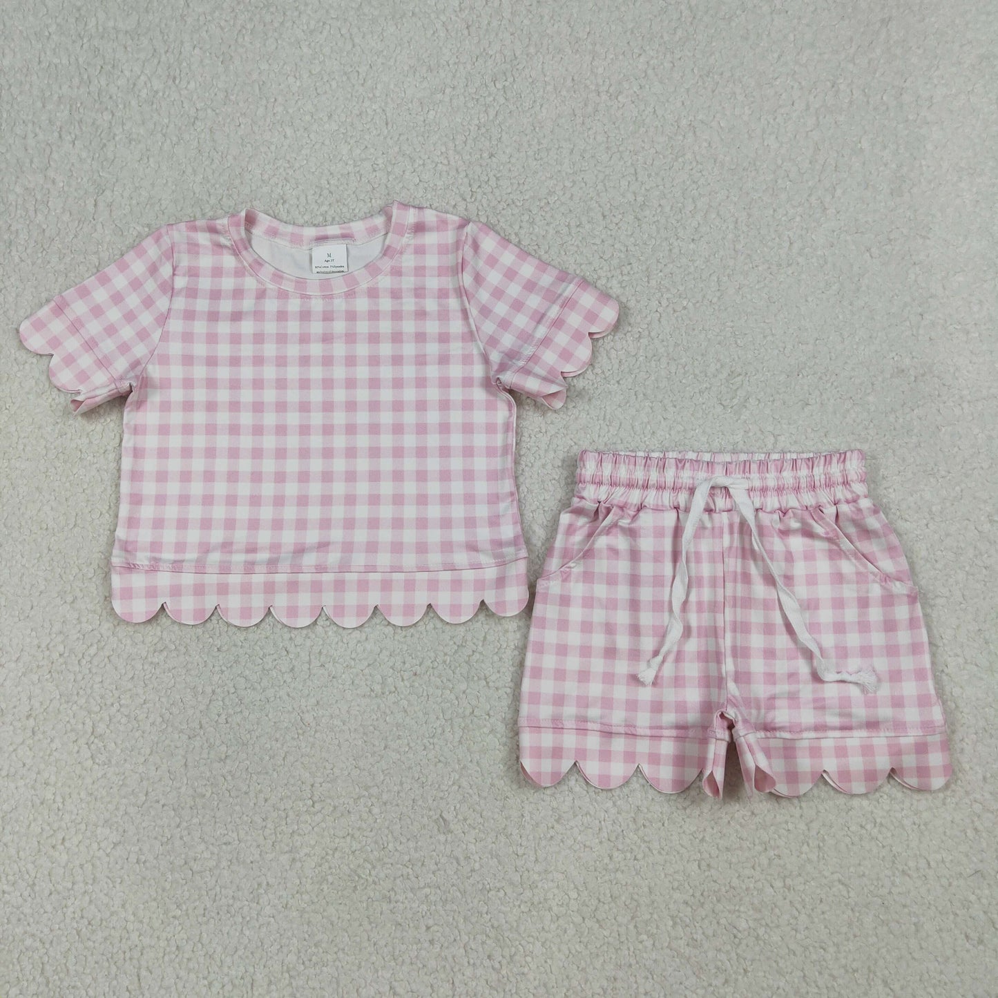 RTS NO MOQ GSSO3183 Baby Girls Light Pink Checked Short Sleeve Top And Scallop Shorts Set