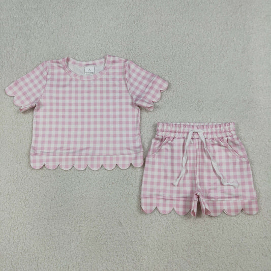 RTS NO MOQ GSSO3183 Baby Girls Light Pink Checked Short Sleeve Top And Scallop Shorts Set
