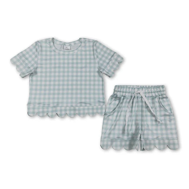RTS NO MOQ Sibling milk silk Sibling Baby Girls Colorful Checked Scallop Shirts Top Pockets Short Pajamas Clothes Sets
