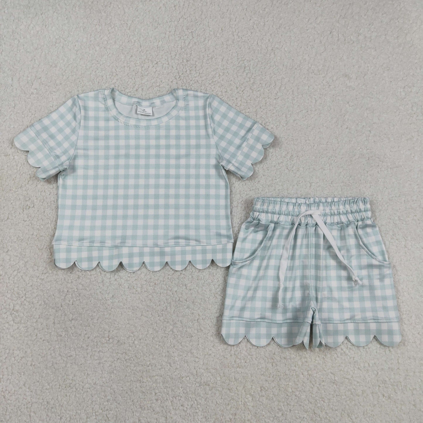 RTS NO MOQ Sibling Baby Girls Colorful Checked Scallop Short Pajamas with Pockets Shirt Top Set Cute Baby Outfit Clothes Set