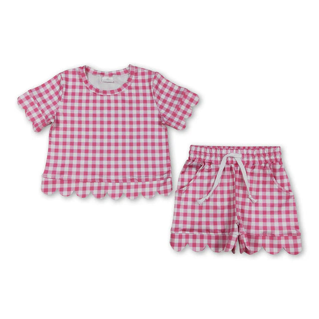 RTS NO MOQ Sibling milk silk Sibling Baby Girls Colorful Checked Scallop Shirts Top Pockets Short Pajamas Clothes Sets