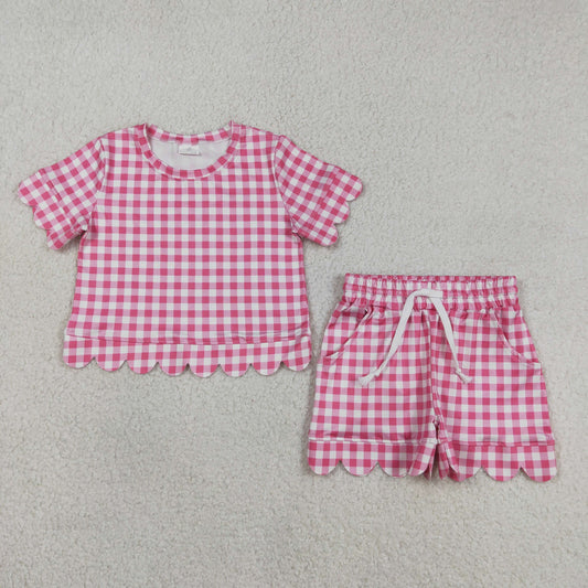 RTS NO MOQ GSSO3186 Baby Girls Pink Checked Top with Scallop Pockets Short Sleeve Outfit Set