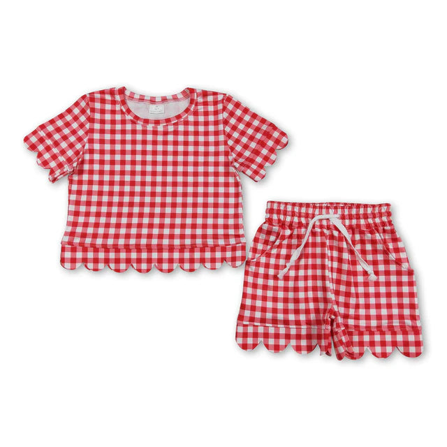 RTS NO MOQ Sibling milk silk Sibling Baby Girls Colorful Checked Scallop Shirts Top Pockets Short Pajamas Clothes Sets