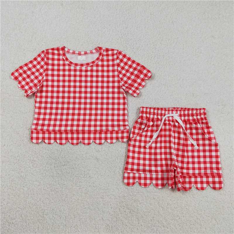 RTS NO MOQ Sibling Baby Girls Colorful Checked Shirt Top Scallop Short with Pockets Set Cute Clothes