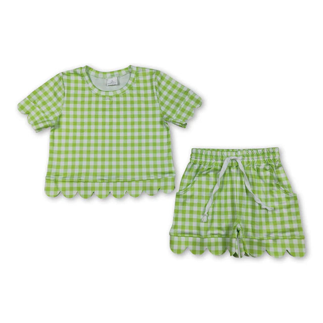 RTS NO MOQ Sibling milk silk Sibling Baby Girls Colorful Checked Scallop Shirts Top Pockets Short Pajamas Clothes Sets