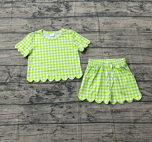 (Pre Order) No moq GSSO3189 Pre-order scallop baby girl clothes green short sleeve shorts sets-26.1.24.1.14