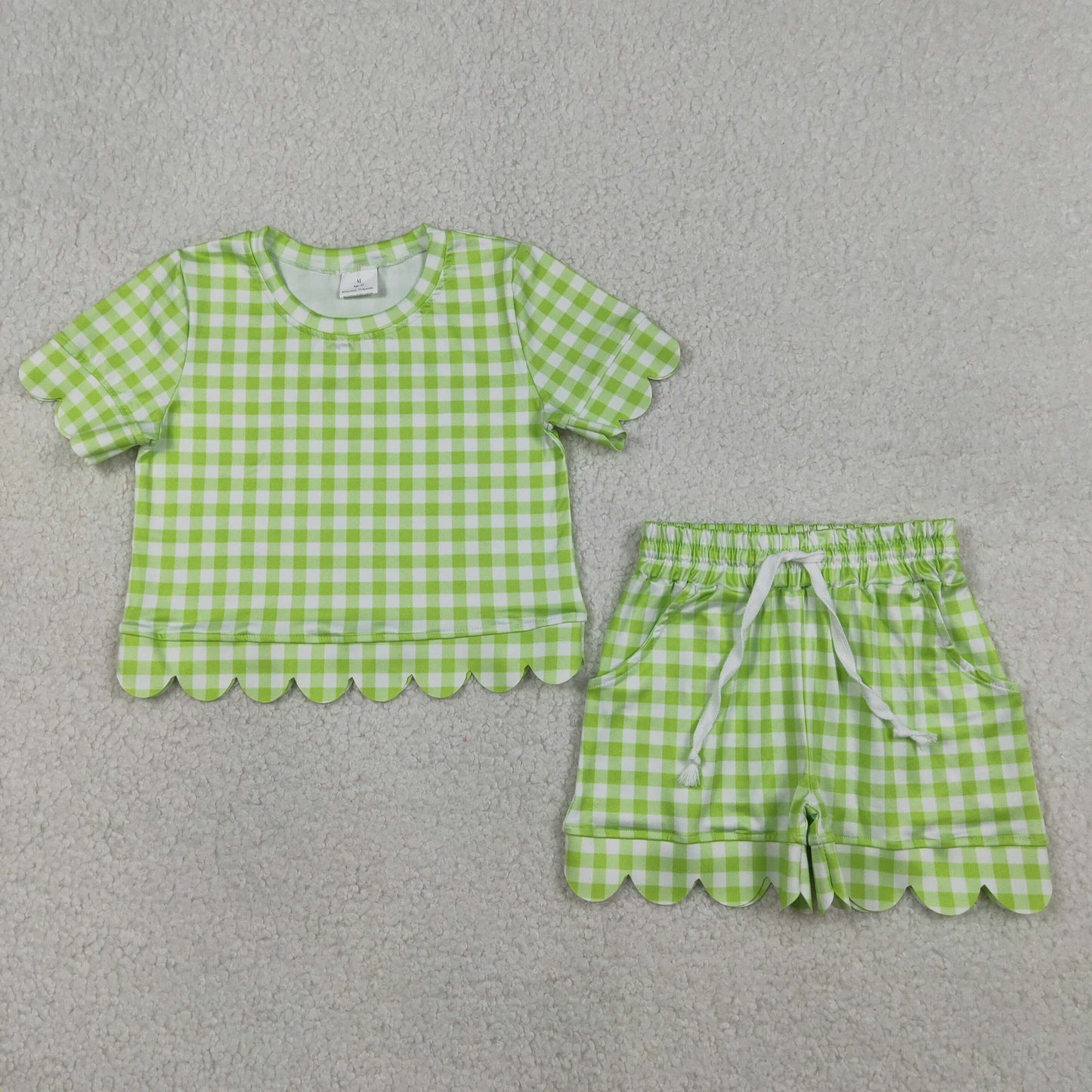 RTS NO MOQ GSSO3189 Baby Girls Green Checked Shirt with Scallop Trim Short Sleeve Top And Shorts Set Cute Outfit for Little Ones