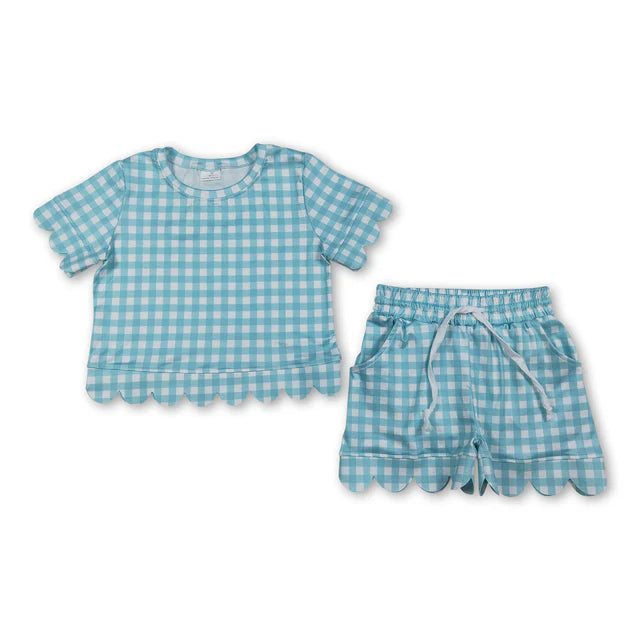 RTS NO MOQ Sibling milk silk Sibling Baby Girls Colorful Checked Scallop Shirts Top Pockets Short Pajamas Clothes Sets