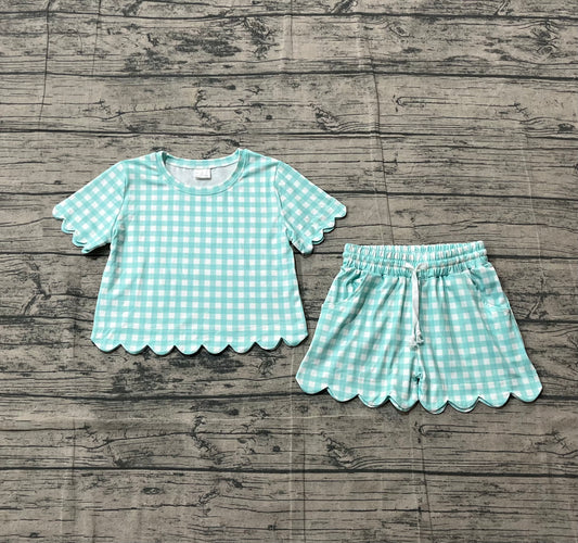 (Pre Order) No moq GSSO3190 Pre-order scallop baby girl clothes sky blue short sleeve shorts sets-2026.1.24