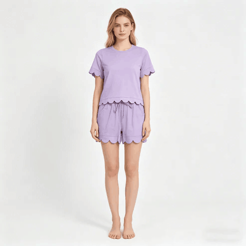 RTS NO MOQ Sibling  Mom And Me Lavender  Short Sleeve Top With Pockets Scallop Shorts Sets