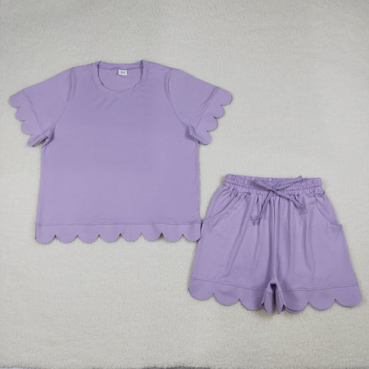 RTS NO MOQ GSSO3199 Adult Women's Lavender Short Sleeve Shirt with Pockets Short Scallop  Clothing Set