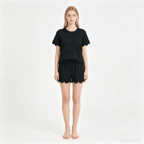 RTS NO MOQ Sibling  Mom And Me Black Short Sleeve Top With Pockets Scallop Shorts Sets