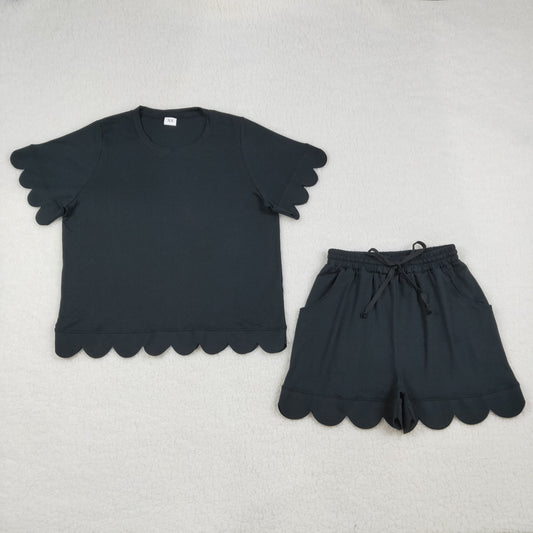 RTS NO MOQ GSSO3200 Adult Women's Black Scallop Short Sleeve Shirt And Shorts Set Top Bottom Outfit Casual Two-Piece Clothing