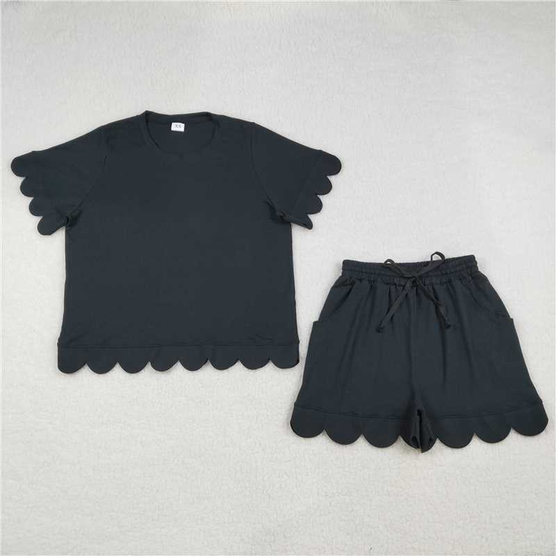 RTS NO MOQ Sibling  Mom And Me Black Short Sleeve Top With Pockets Scallop Shorts Sets