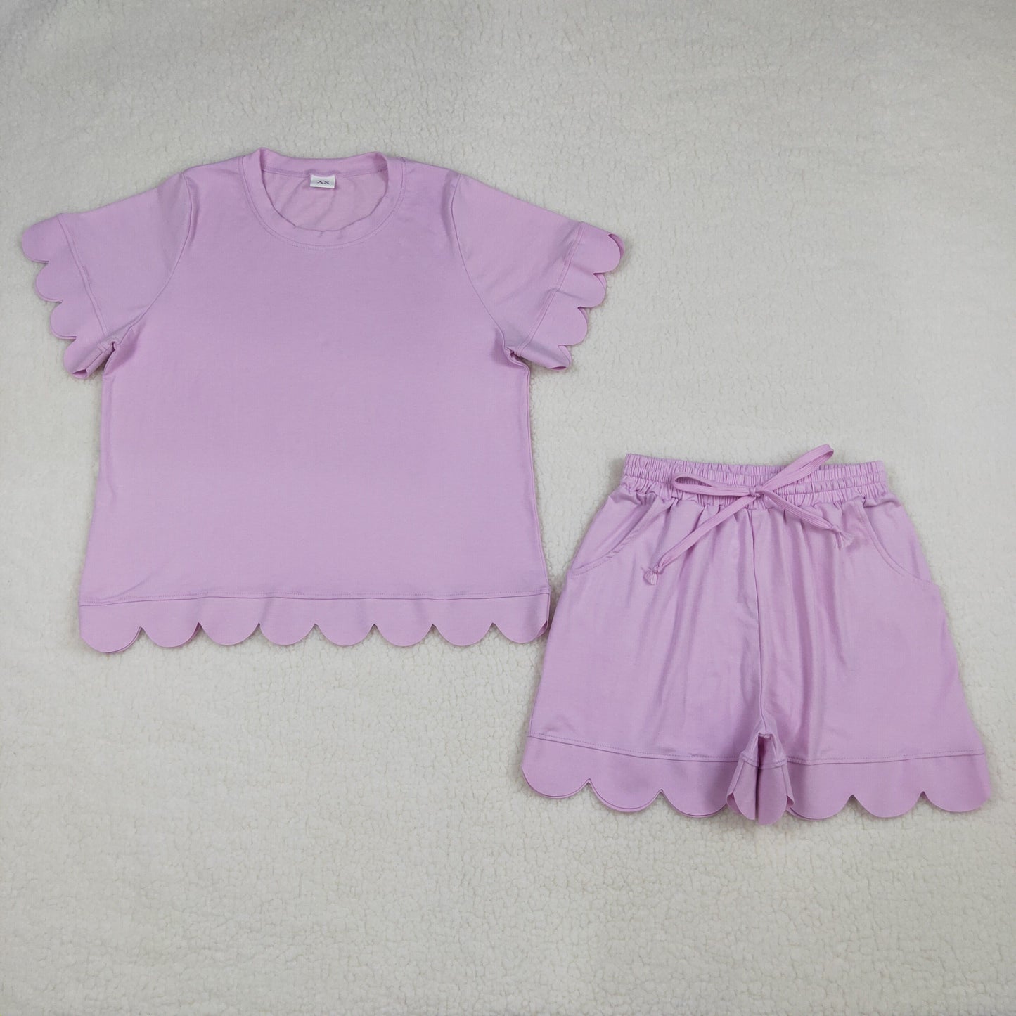 RTS NO MOQ GSSO3201 Adult Women's Pink Short Sleeve Shirt with Pockets And Scallop Detail Short Set Casual Clothing Outfit