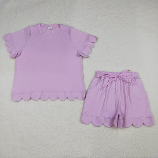 RTS NO MOQ GSSO3201 Adult Women's Pink Short Sleeve Shirt with Pockets And Scallop Detail Short Set Casual Clothing Outfit