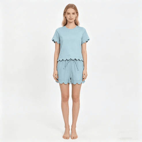 RTS NO MOQ Sibling  Mom And Me Light Blue Short Sleeve Top With Pockets Scallop Shorts Sets