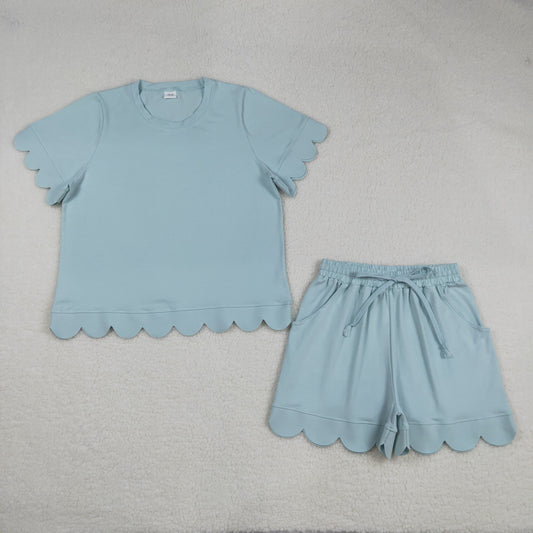 RTS NO MOQ GSSO3202 Adult Women's Light Blue Scallop Top with Shorts Fashionable Shirts Set for Casual Wear