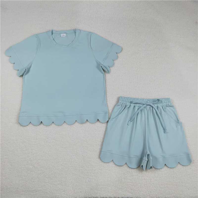 RTS NO MOQ Sibling  Mom And Me Light Blue Short Sleeve Top With Pockets Scallop Shorts Sets