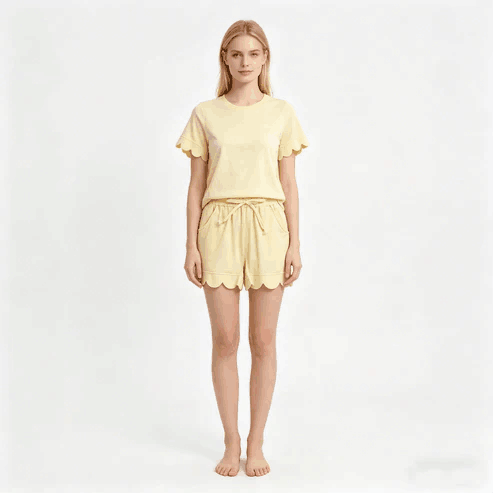 RTS NO MOQ Sibling  Mom And Me Yellow Short Sleeve Top With Pockets Scallop Shorts Sets