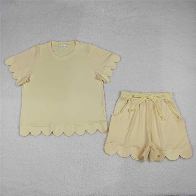 RTS NO MOQ Sibling  Mom And Me Yellow Short Sleeve Top With Pockets Scallop Shorts Sets