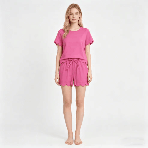 RTS NO MOQ Sibling  Mom And Me Hot Pink Short Sleeve Top With Pockets Scallop Shorts Sets
