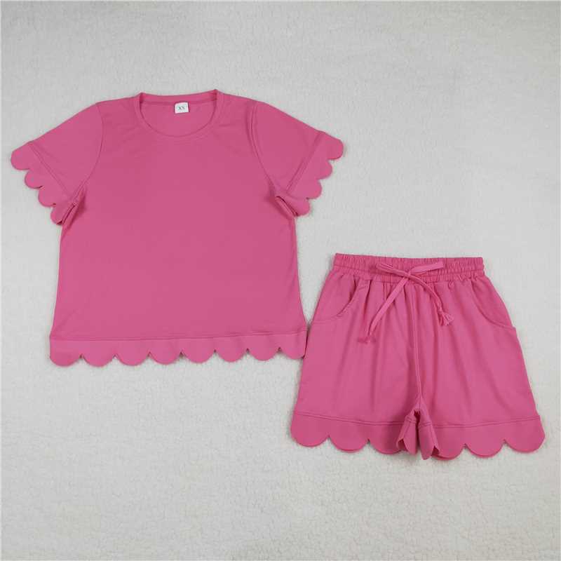 RTS NO MOQ Sibling  Mom And Me Hot Pink Short Sleeve Top With Pockets Scallop Shorts Sets