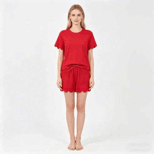 RTS NO MOQ Sibling  Mom And Me Red  Short Sleeve Top With Pockets Scallop Shorts Sets