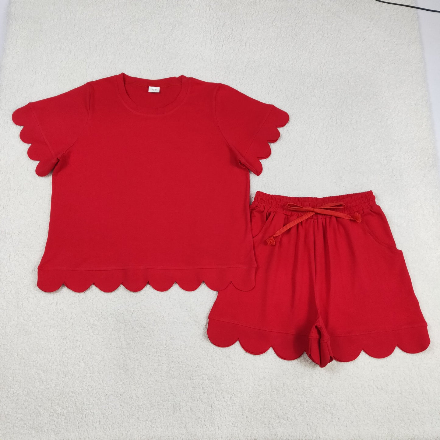 RTS NO MOQ GSSO3205 Adult Women's Red Scallop Short Sleeve Shirt Top with Matching Shorts