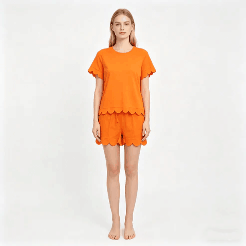 RTS NO MOQ Sibling Mom And Me Orange Short Sleeve Top With Pockets Scallop Shorts Sets
