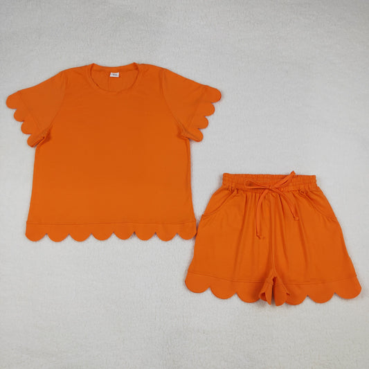 RTS NO MOQ GSSO3206 Adult Women's Orange Short Sleeve Shirt Top with Short Scallop Orange Clothes Sets