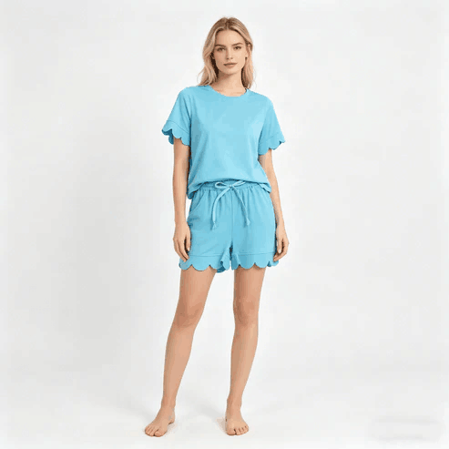 RTS NO MOQ Sibling  Mom And Me Blue  Short Sleeve Top With Pockets Scallop Shorts Sets