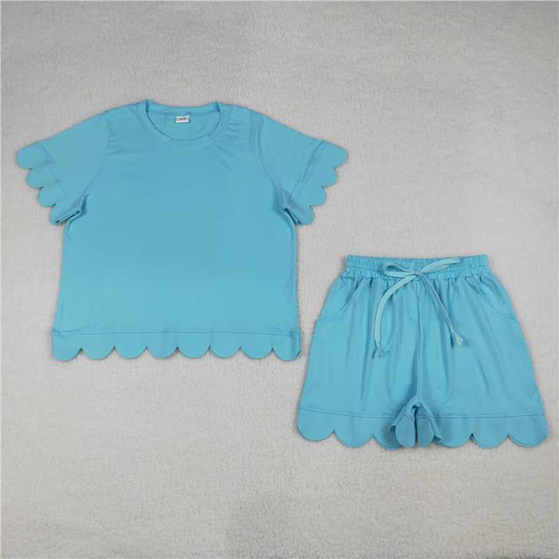 RTS NO MOQ Sibling Adult Women's Short Sleeve Shirt Top with Pockets Short Scallop Clothes Set