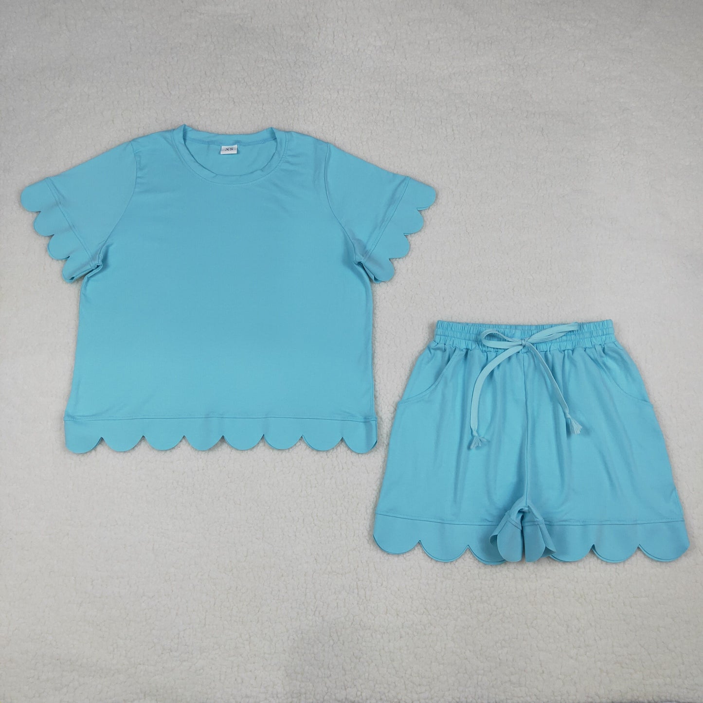 RTS NO MOQ GSSO3208 Adult Women's Blue Short Sleeve Shirt And Scallop Shorts Set