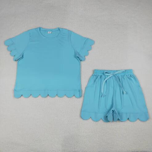 RTS NO MOQ Sibling  Mom And Me Blue  Short Sleeve Top With Pockets Scallop Shorts Sets