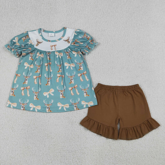 RTS NO MOQ GSSO3212 Baby Girls Hunting Outfit with Bow Deer Duck Tunic And Ruffle Shorts Set for Little Ones