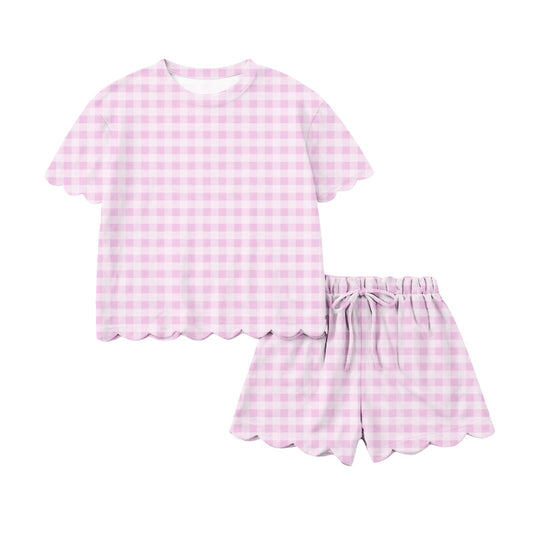(Pre Order) No moq GSSO3216 Pre-order scallop adult clothes summer pink plaid short sleeve shorts sets-26.1.16