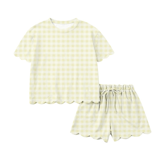 (Pre Order) No moq GSSO3218 Pre-order scallop adult clothes summer yellow plaid short sleeve shorts sets-26.1.16