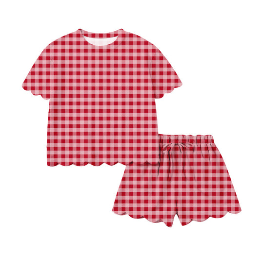 (Pre Order) No moq GSSO3220 Pre-order scallop adult clothes summer red plaid short sleeve shorts sets-26.1.16