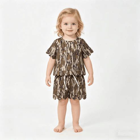 RTS NO MOQ Sibling  Mom And Me Camo Top Scallop Shorts Outfit With Pockets
