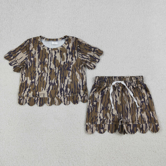 RTS NO MOQ GSSO3225 Baby Girls Olive Camo Top And Shorts Set Scallop Outfit for Little Girls Baby Clothing Set