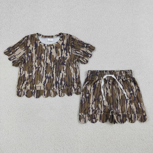 RTS NO MOQ Sibling  Mom And Me Camo Top Scallop Shorts Outfit With Pockets