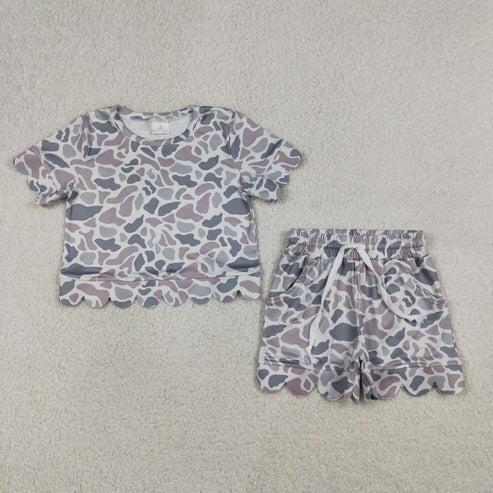 RTS NO MOQ Sibling Baby Girls Camouflage Top with Scallop Shorts Outfit Set