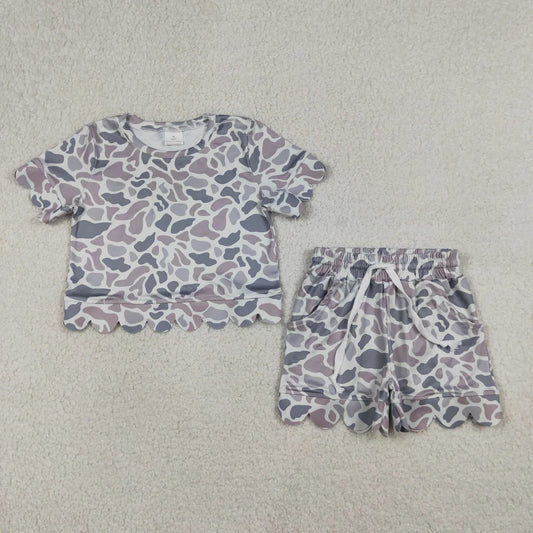 Best Sell RTS Baby Girls Light Grey Camo Top with Pockets Scallop Shorts Outfit Set Southern Style Infant Clothing Set