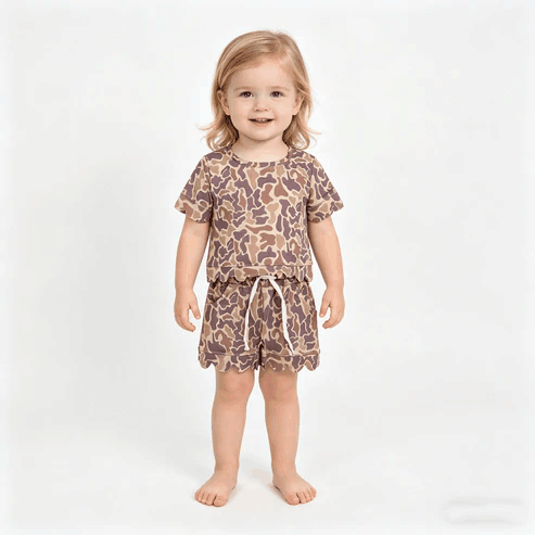 RTS NO MOQ Sibling  Mom And Me Camo Top Scallop Shorts Outfit With Pockets
