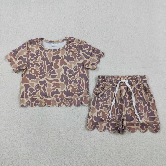 RTS NO MOQ GSSO3227 Baby Girls Camo Shirt with Scallop Trim Short Sleeve Top And Shorts Set Cute Outfit for Little Ones
