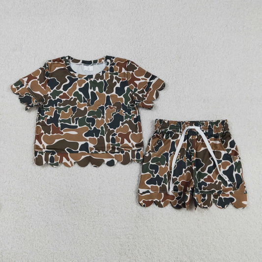 RTS NO MOQ GSSO3228 Baby Girls  Brown Camouflage Print Top with Scallop Shorts Outfit Set for Infants